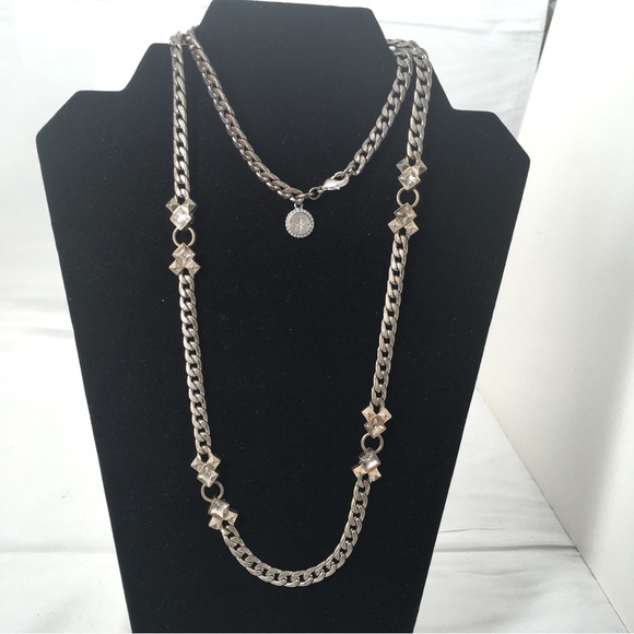 Vintage J.G., Long Silver Cuban Link Necklace With Crystals - Picture 2 of 7